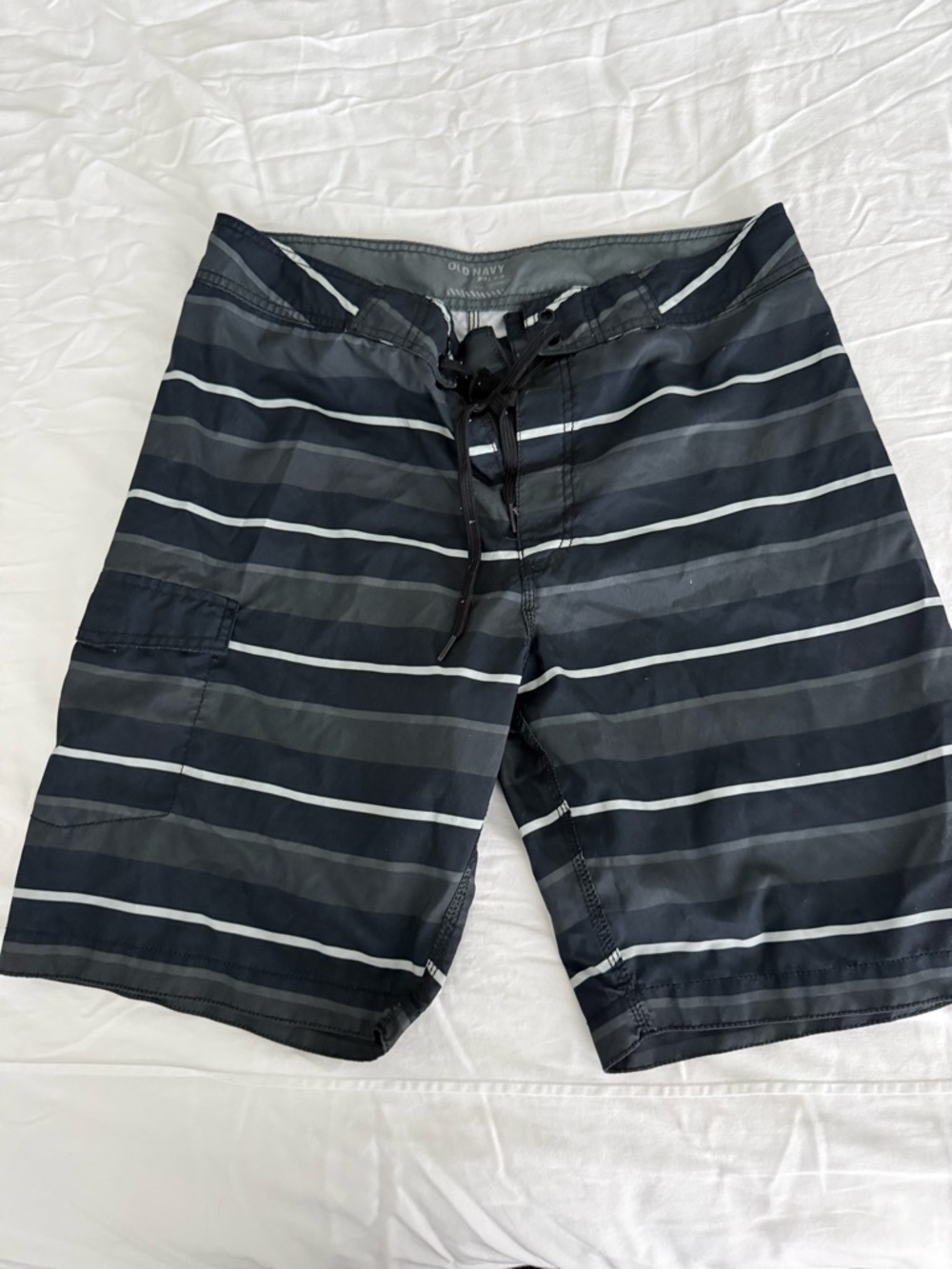 Old Navy Black and White Striped Men’s Swim Board Shorts